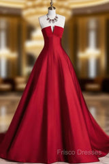 A-Line Burgundy Satin Long Formal Prom Dress, Burgundy Long Formal Dress