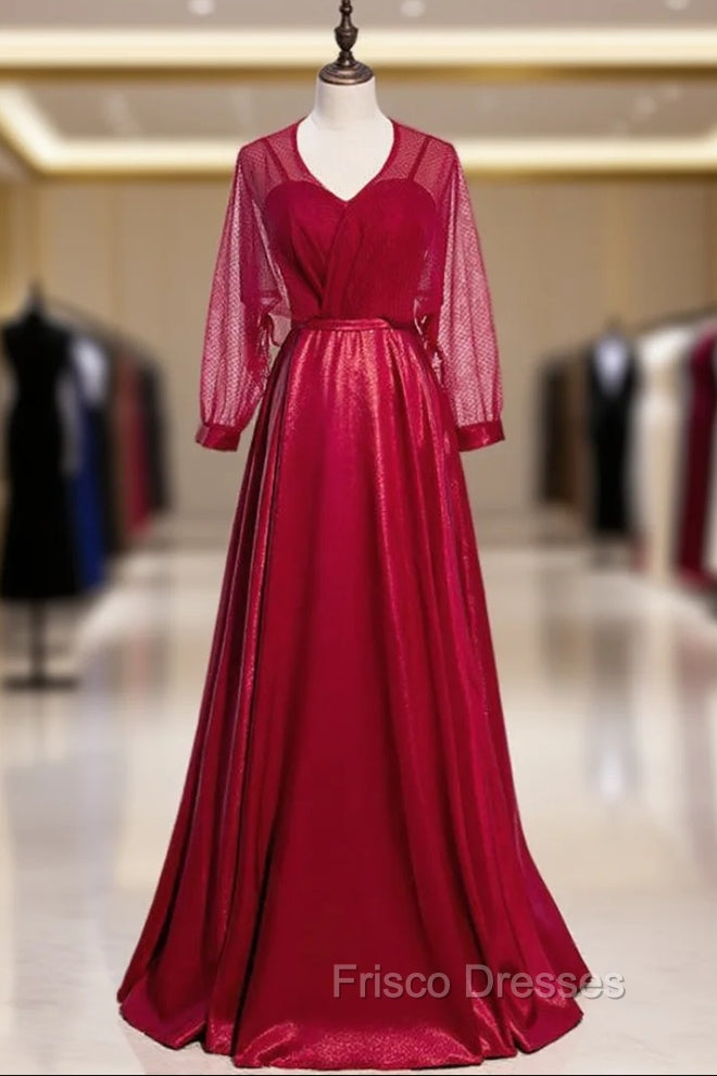 A-Line Burgundy Satin Long Sleeve V-neck Formal Prom Dress Main image