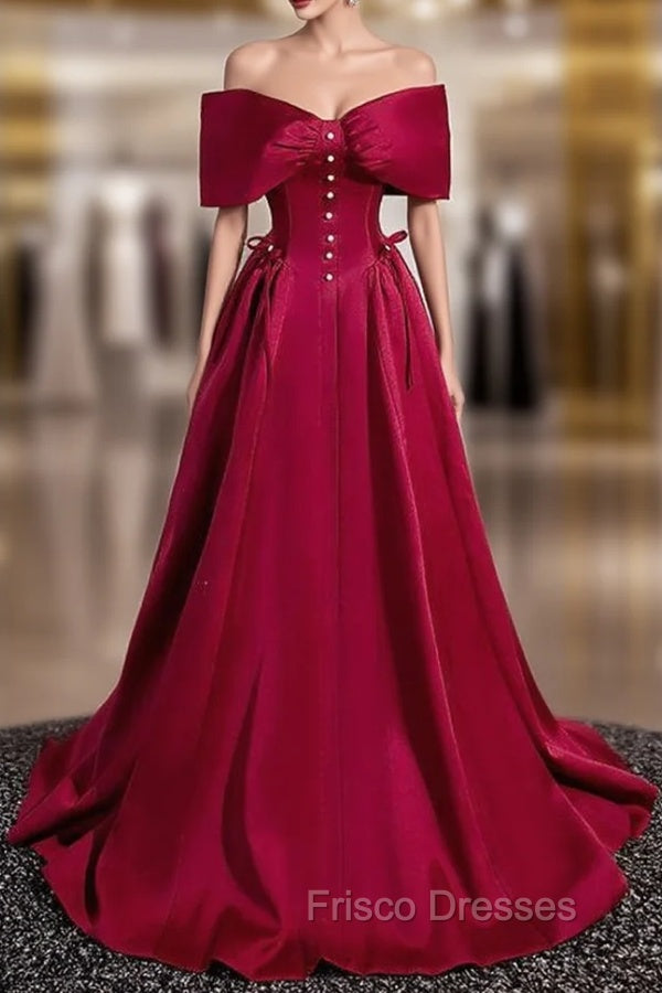 A-Line Burgundy Satin Off the Shoulder Pearls Formal Prom Dress