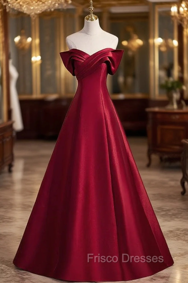 A-Line Burgundy Satin Off the Shoulder Pleats Formal Prom Dress