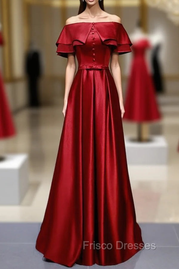 A-Line Burgundy Satin Off the Shoulder Formal Prom Dress With Button Main image