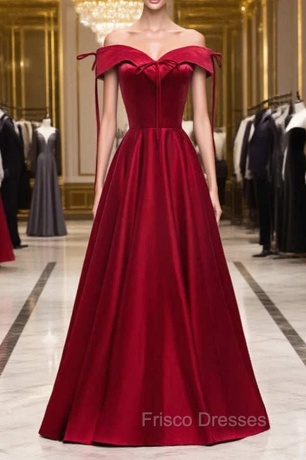 A-Line Burgundy Satin Off the Shoulder Formal Prom Dress Main image