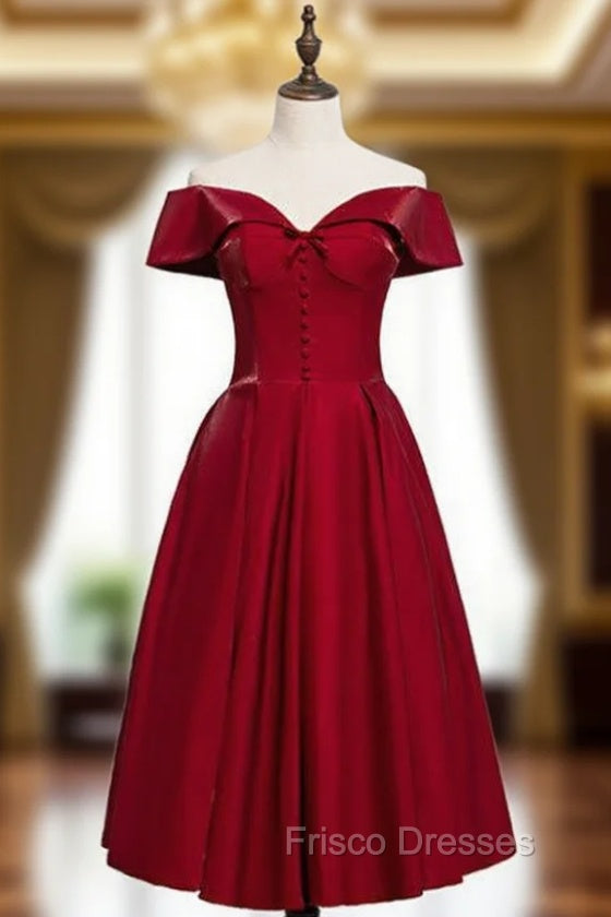 A-Line Burgundy Satin Off the Shoulder Short Tea Length Formal Prom Dress Main image