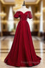 A-Line Burgundy Satin Puff Sleeve Cold Shoulder Formal Prom Dress