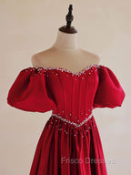 A-Line Burgundy Satin Puff Sleeves Long Formal Prom Dress, Burgundy Formal Evening Dress