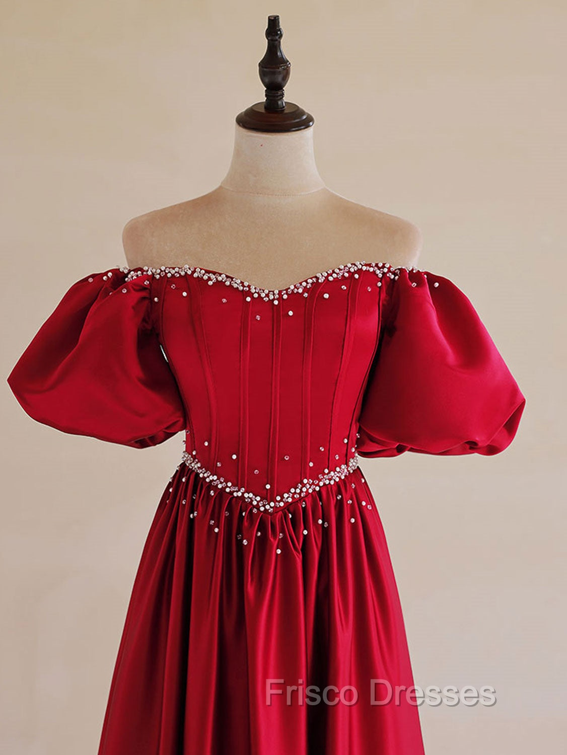 A-Line Burgundy Satin Puff Sleeves Long Formal Prom Dress, Burgundy Formal Evening Dress