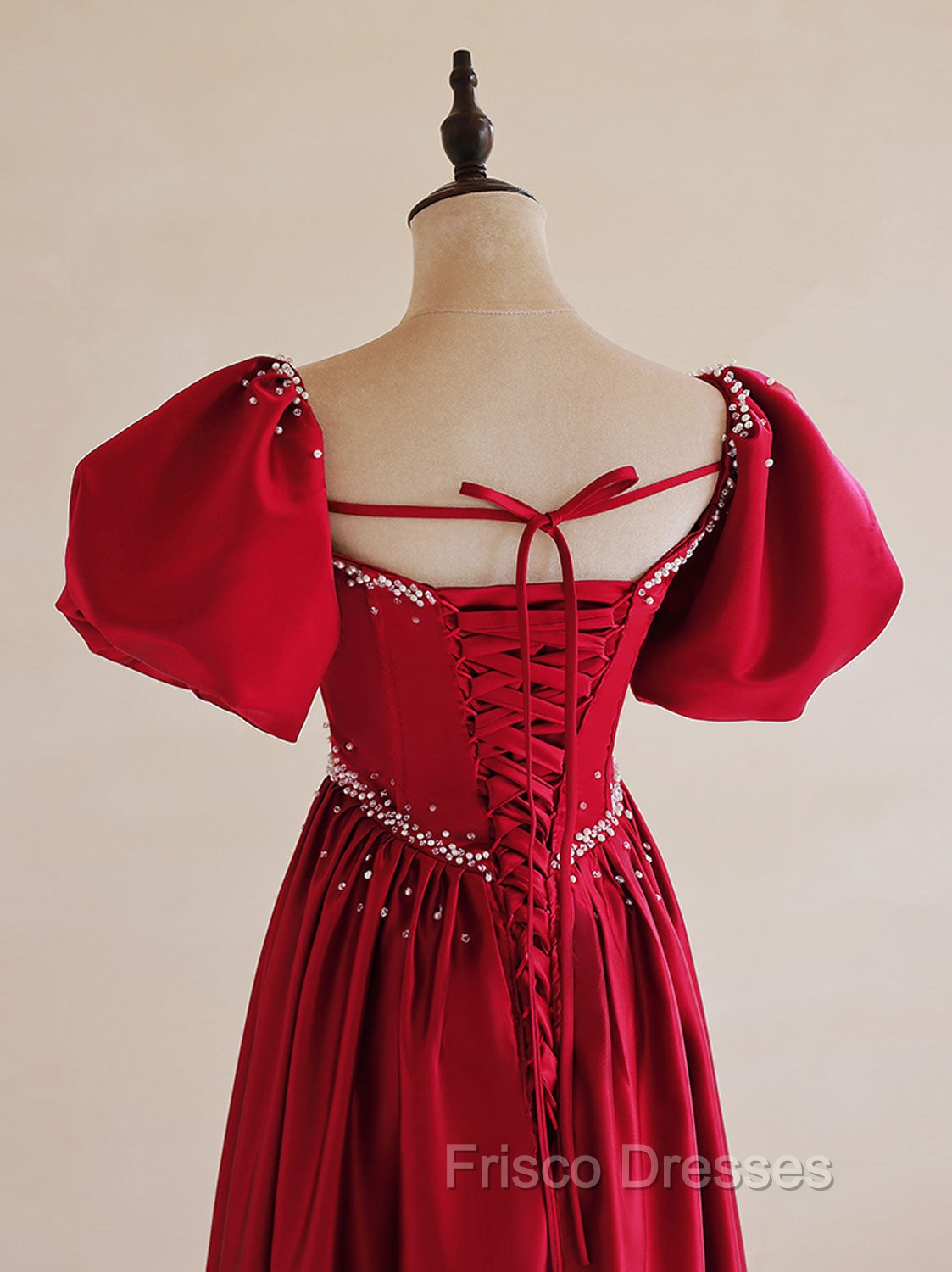 A-Line Burgundy Satin Puff Sleeves Long Formal Prom Dress, Burgundy Formal Evening Dress