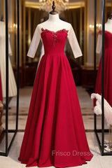 A-Line Burgundy Satin Short Sleeve Appliques Formal Prom Dress