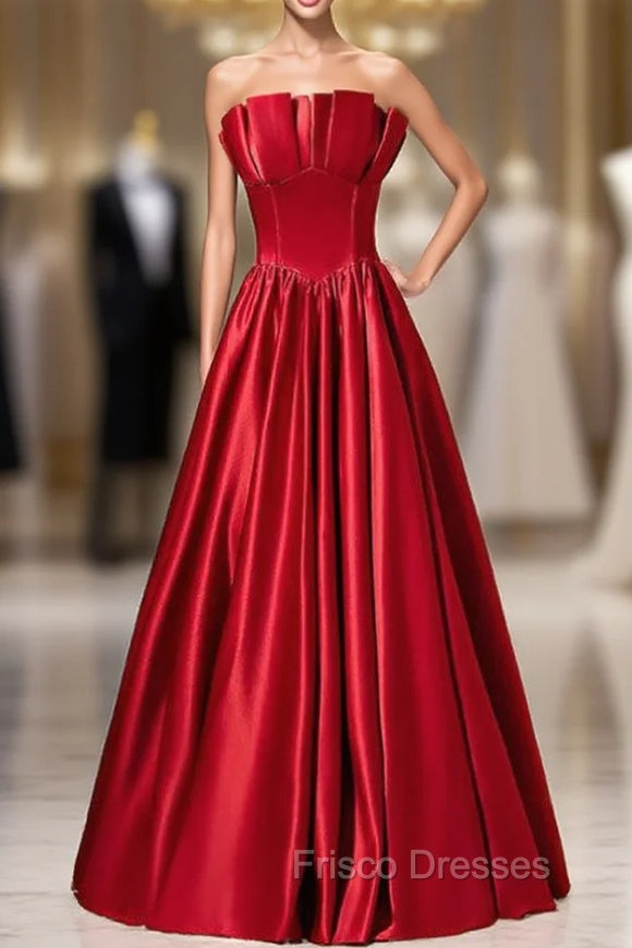 A-Line Burgundy Satin Strapless Pleats Long Formal Prom Dress