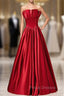 A-Line Burgundy Satin Strapless Pleats Long Formal Prom Dress