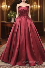 A-Line Burgundy Satin Strapless Pleats Formal Prom Dress