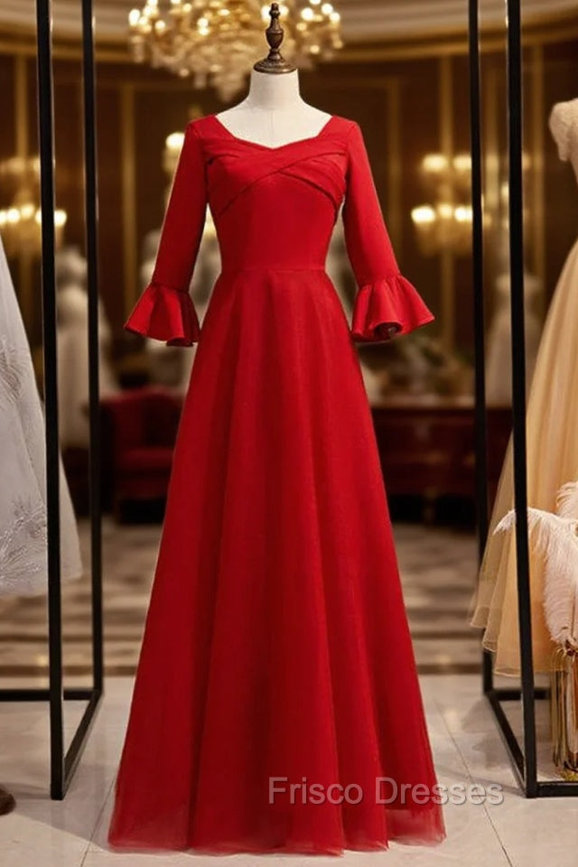 A-Line Burgundy Satin Tulle Half Sleeve Simple Formal Prom Dress Main image