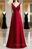 A-Line Burgundy Satin V-neck Beading Formal Prom Dress