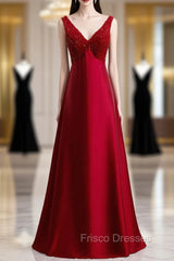 A-Line Burgundy Satin V-neck Beading Formal Prom Dress