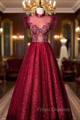 A-Line Burgundy Sequins High Neck Beading Crystal Formal Prom Dress