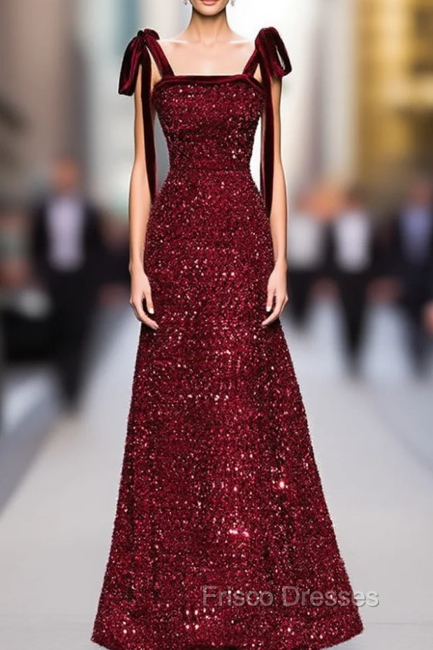 A-Line Burgundy Sequins Straps Formal Prom Dress Main image