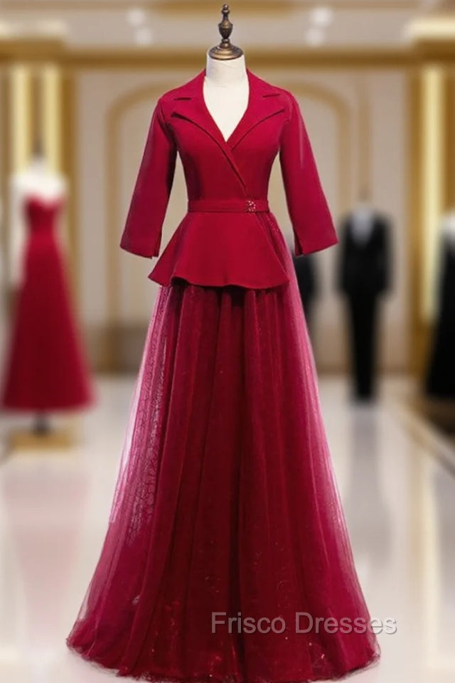 A-Line Burgundy Tulle 3/4 Sleeve V-neck Formal Prom Dress