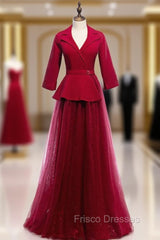 A-Line Burgundy Tulle 3/4 Sleeve V-neck Formal Prom Dress