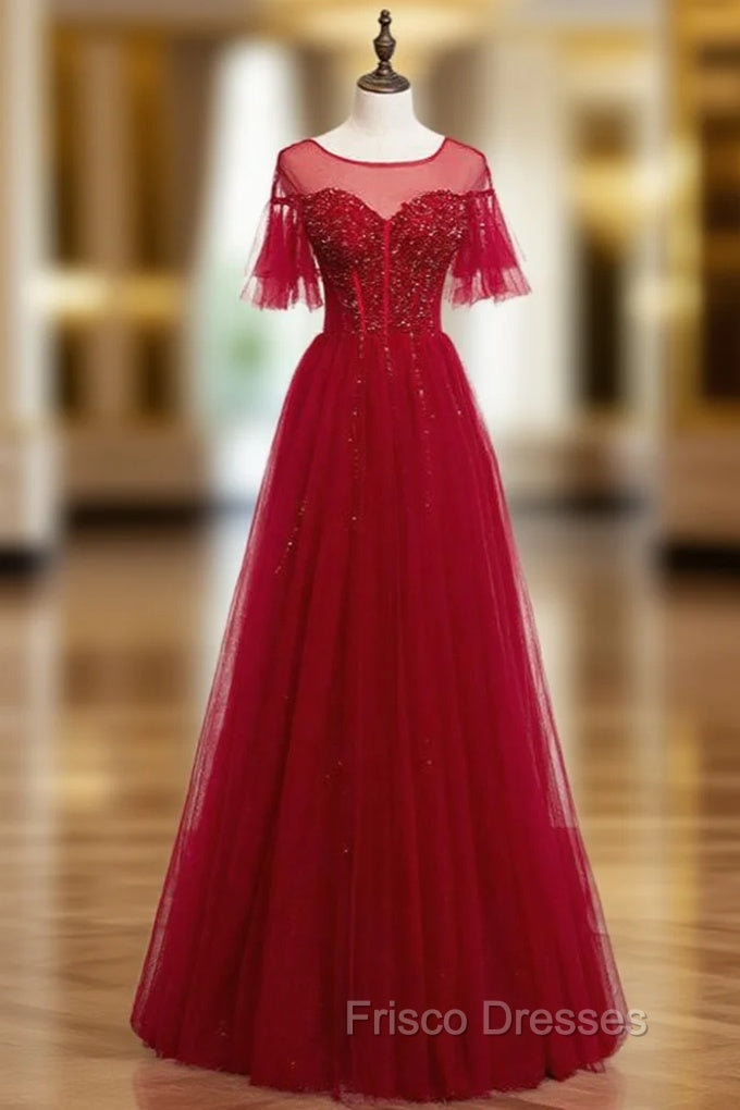 A-Line Burgundy Tulle Beading Sequins Long Formal Prom Dress Main image