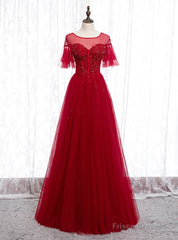 A-Line Burgundy Tulle Beading Sequins Long Prom Dress