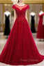 A-Line Burgundy Tulle Cap SLeeve Backless Formal Prom Dress