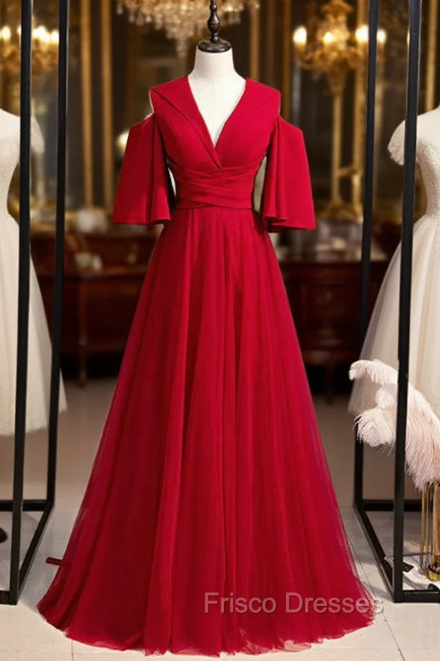A-Line Burgundy Tulle Deep V-neck Formal Prom Dress