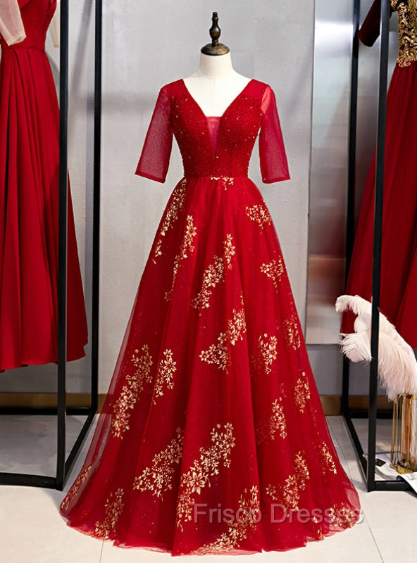 A-Line Burgundy Tulle Gold Sequins V-neck Short Sleeve Formal Prom Dress