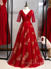 A-Line Burgundy Tulle Gold Sequins V-neck Short Sleeve Formal Prom Dress