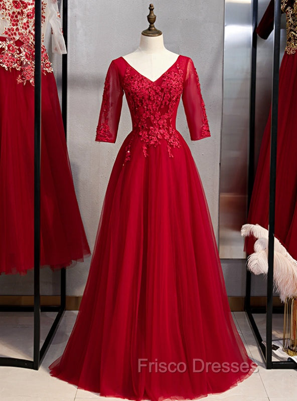 A-Line Burgundy Tulle Lace Appliques Short Sleeve Formal Prom Dress Main image