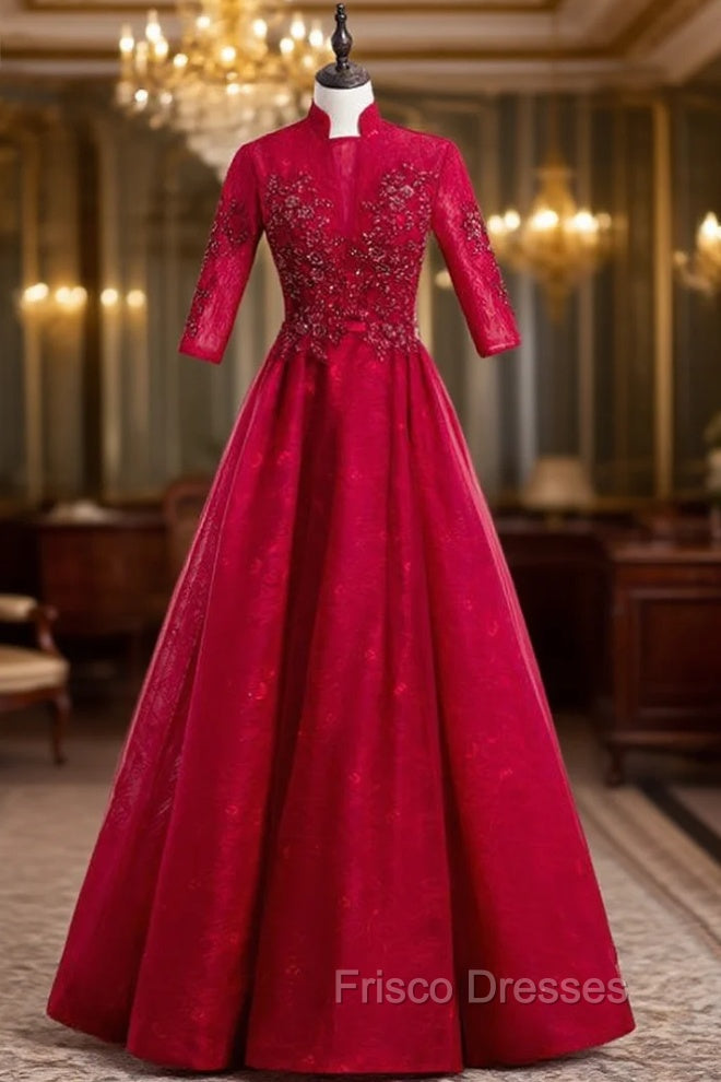 A-Line Burgundy Tulle Lace High Neck Short Sleeve Formal Prom Dress Main image