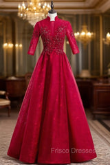 A-Line Burgundy Tulle Lace High Neck Short Sleeve Formal Prom Dress