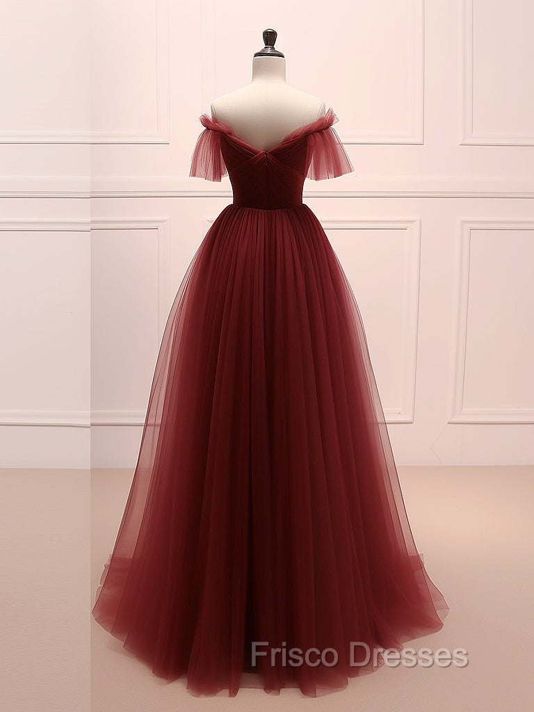 A-Line Burgundy Tulle Long Formal Prom Dress, Burgundy Long Evening Dress Secondary image