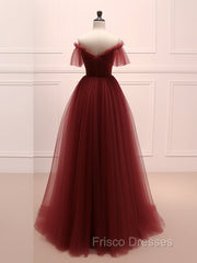 A-Line Burgundy Tulle Long Formal Prom Dress, Burgundy Long Evening Dress