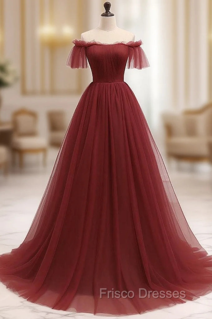 A-Line Burgundy Tulle Long Formal Prom Dress, Burgundy Long Evening Dress Main image