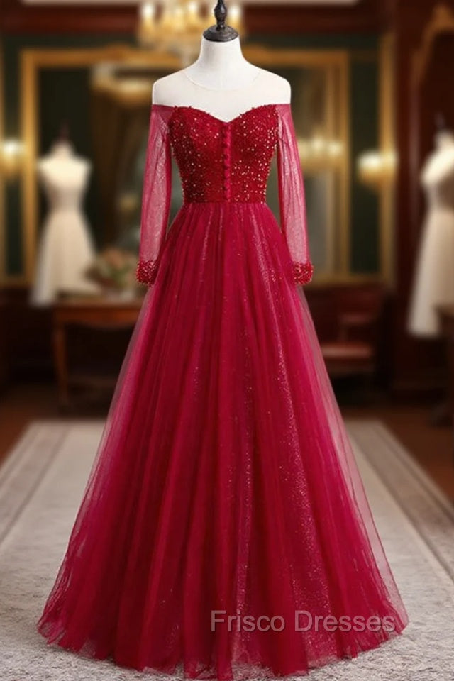 A-Line Burgundy Tulle Long Sleeve Backless Formal Prom Dress With Beading