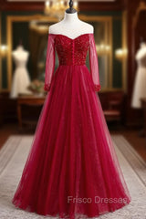A-Line Burgundy Tulle Long Sleeve Backless Formal Prom Dress With Beading