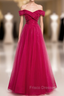 A-Line Burgundy Tulle Off the Shoulder Beading Sequins Formal Prom Dress