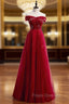 A-Line Burgundy Tulle Off the Shoulder Sequins Formal Prom Dress