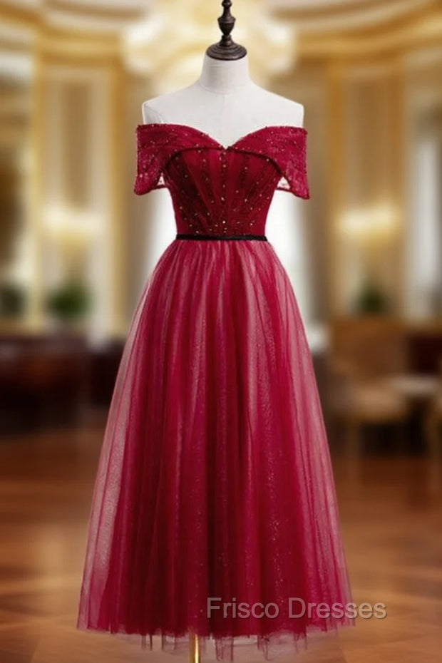 A-Line Burgundy Tulle Off the Shoulder Tea Length Formal Prom Dress