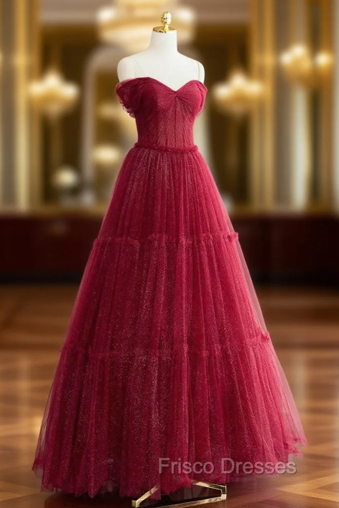 A-Line Burgundy Tulle Pleats Off the Shoulder Formal Prom Dress Main image