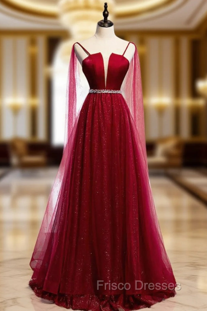 A-Line Burgundy Tulle Saghetti Straps Beading Formal Prom Dress