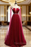 A-Line Burgundy Tulle Saghetti Straps Beading Formal Prom Dress