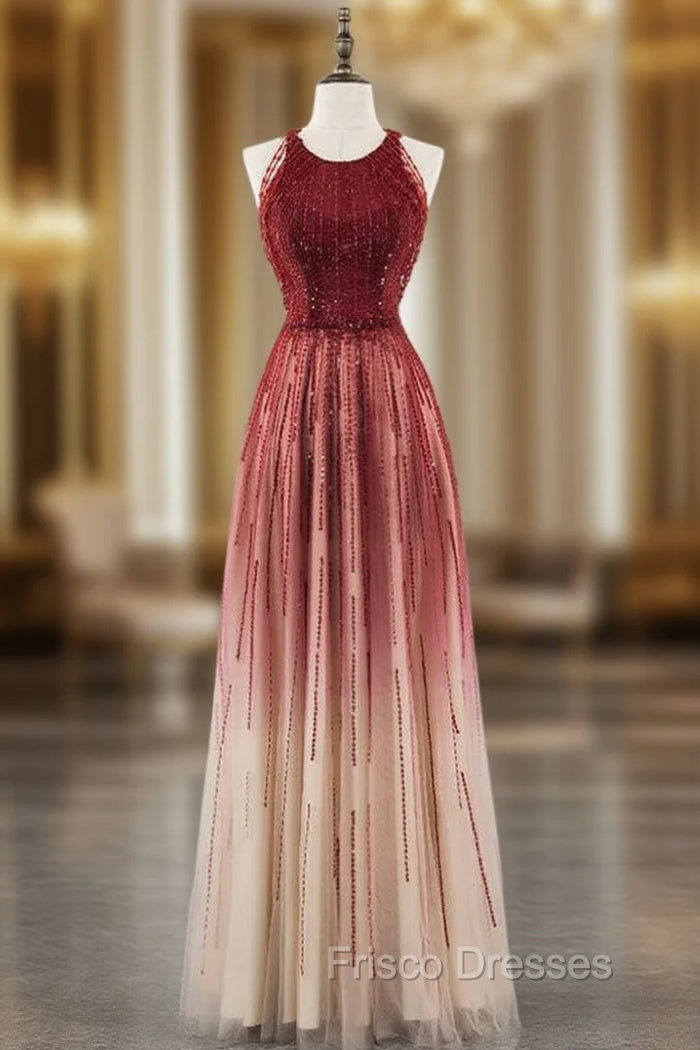 A-Line Burgundy Tulle Scoop Sleeveless Beading Sequins Formal Prom Dress