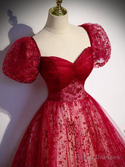 A Line Burgundy Tulle Sequin Long Prom Dress, Burgundy Formal Dress