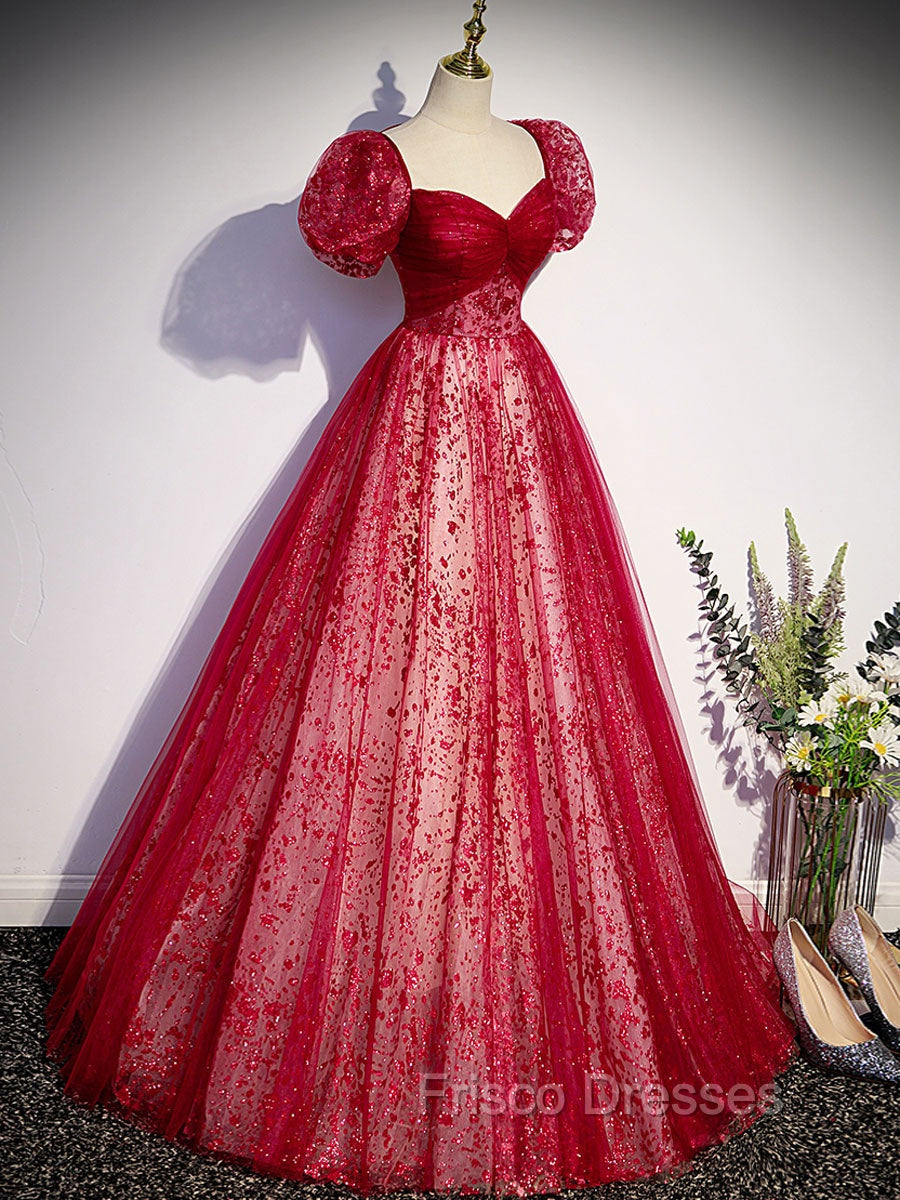 A Line Burgundy Tulle Sequin Long Formal Prom Dress, Burgundy Formal Dress