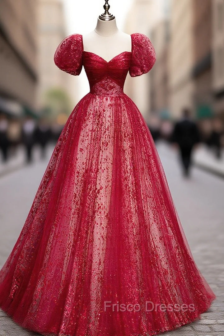 A Line Burgundy Tulle Sequin Long Formal Prom Dress, Burgundy Formal Dress