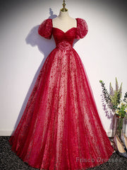 A Line Burgundy Tulle Sequin Long Prom Dress, Burgundy Formal Dress