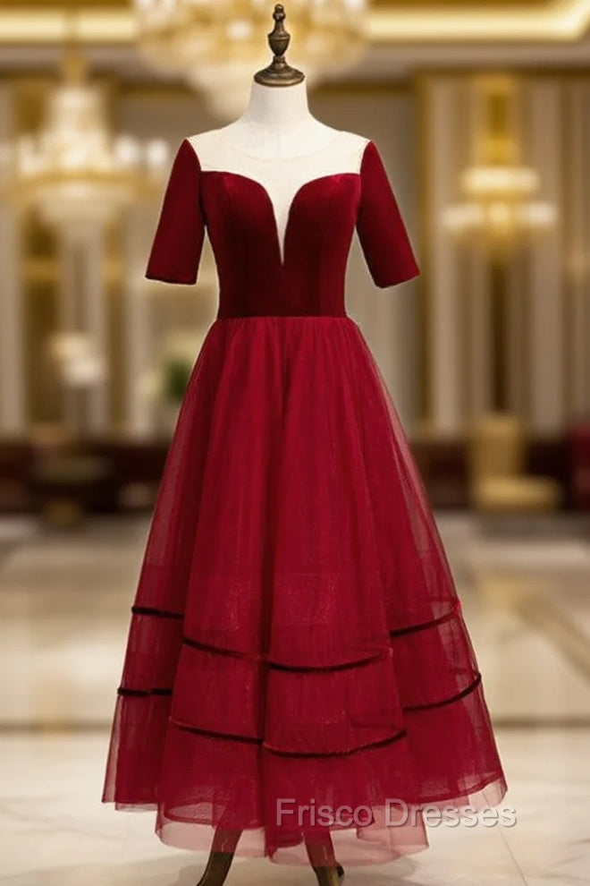 A-Line Burgundy Tulle Short Sleeve Backless Tea Length Formal Prom Dress