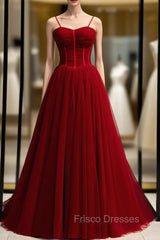 A-Line Burgundy Tulle Spaghetti Straps Pleats Formal Prom Dress