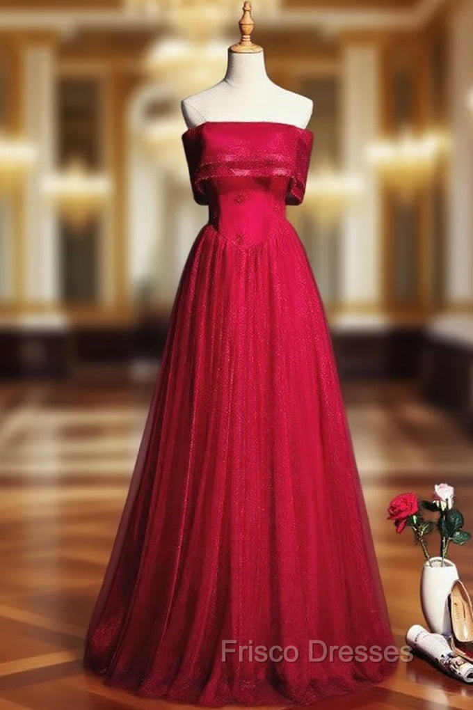 A-Line Burgundy Tulle Strapless Beading Formal Prom Dress